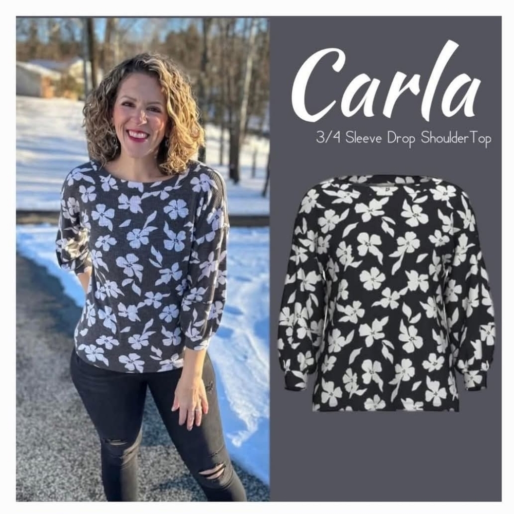 Lularoe Black and White Floral 3/4 Sleeve Carla Top